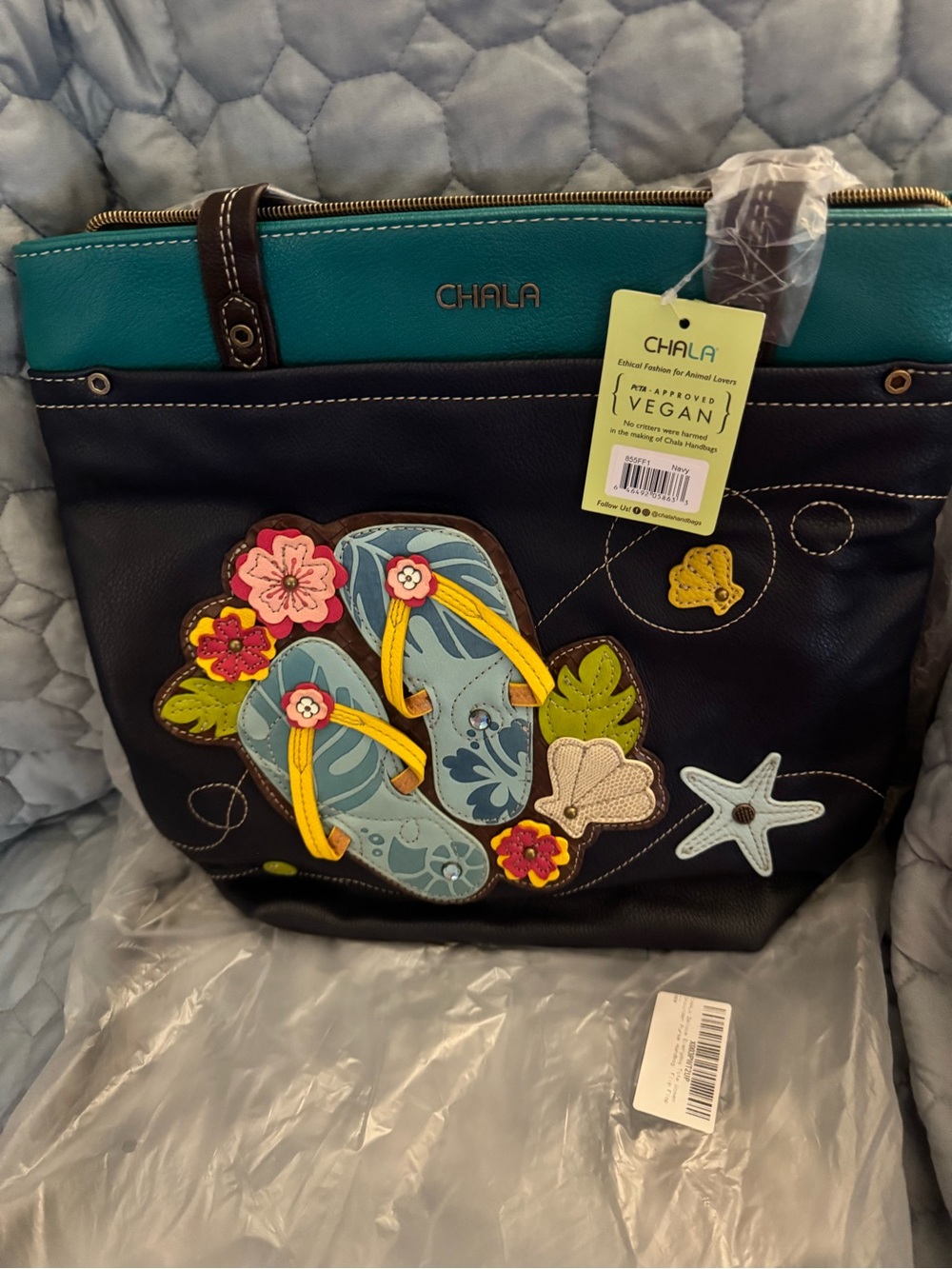 Chala Black & Teal Vegan Tote with Tropical Flip-Flop Appliqué
